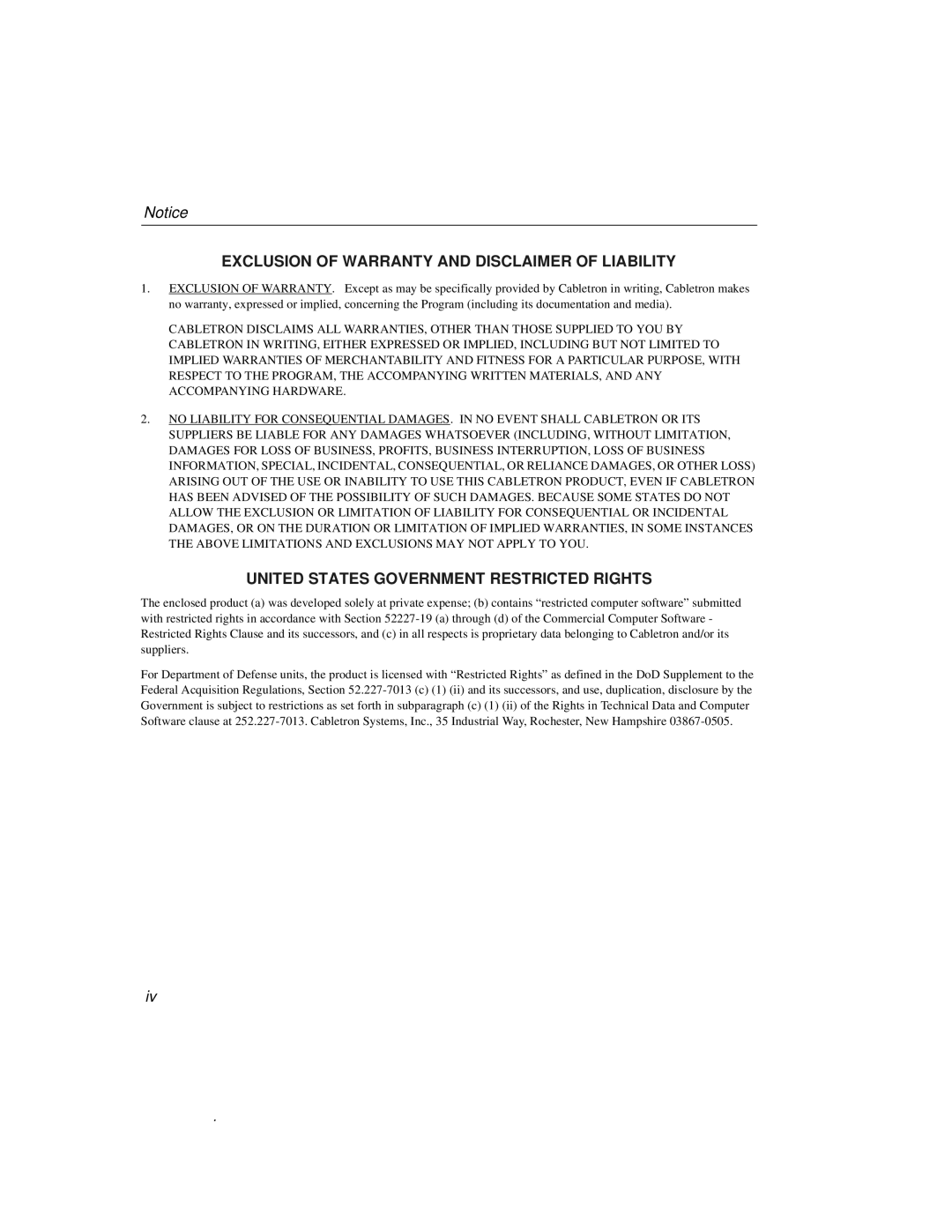 Cabletron Systems 510, 520 manual Exclusion of Warranty and Disclaimer of Liability 