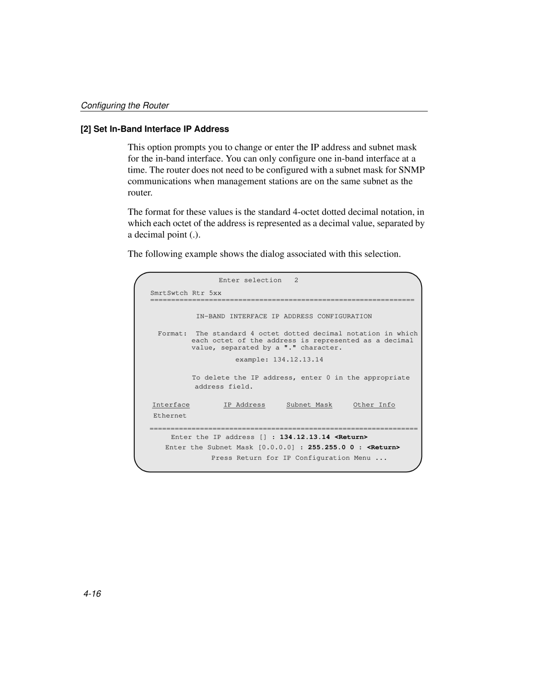 Cabletron Systems 510, 520 manual Set In-Band Interface IP Address, IN-BAND Interface IP Address Configuration 