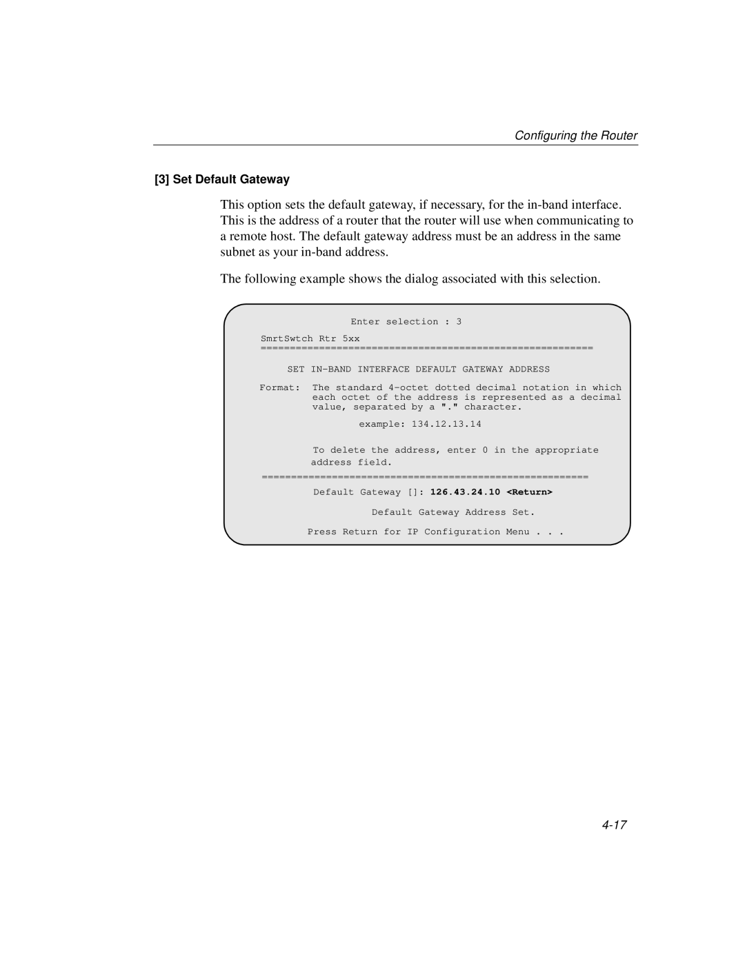 Cabletron Systems 520, 510 manual Set Default Gateway, SET IN-BAND Interface Default Gateway Address 