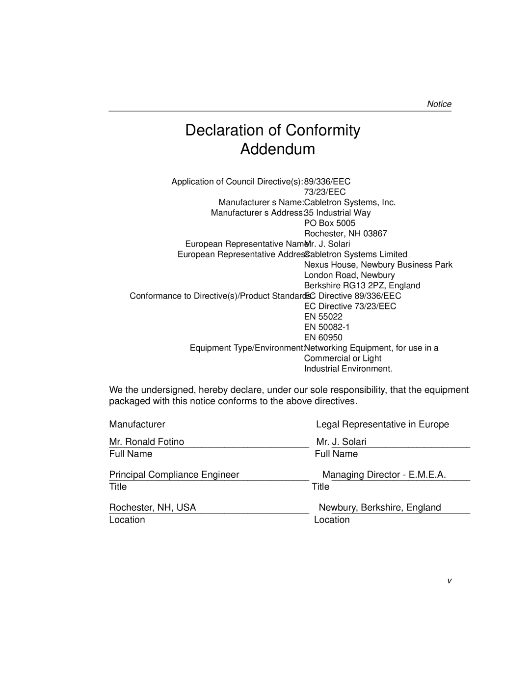 Cabletron Systems 520, 510 manual Declaration of Conformity Addendum 