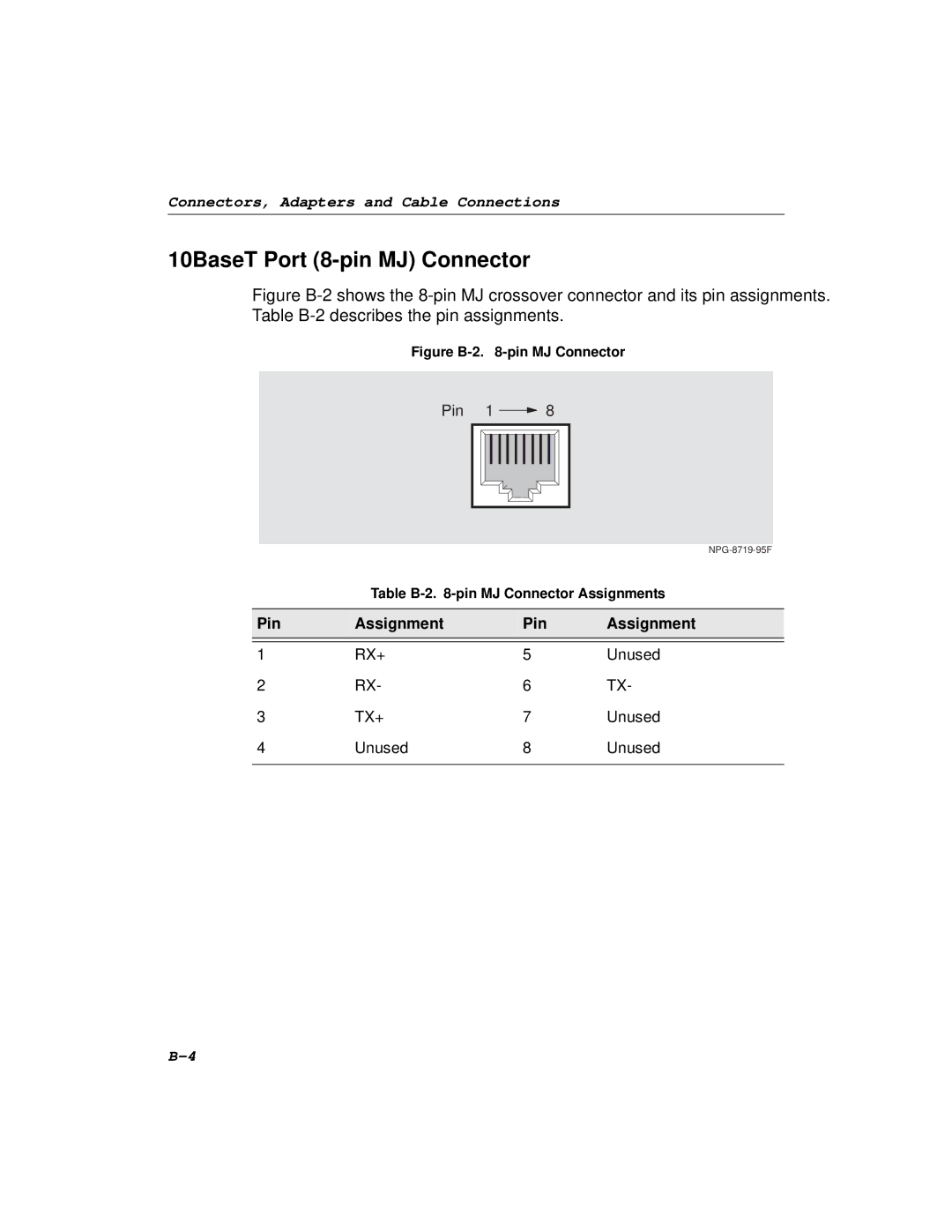 Cabletron Systems 510, 520 manual 10BaseT Port 8-pin MJ Connector, Figure B-2 -pin MJ Connector 