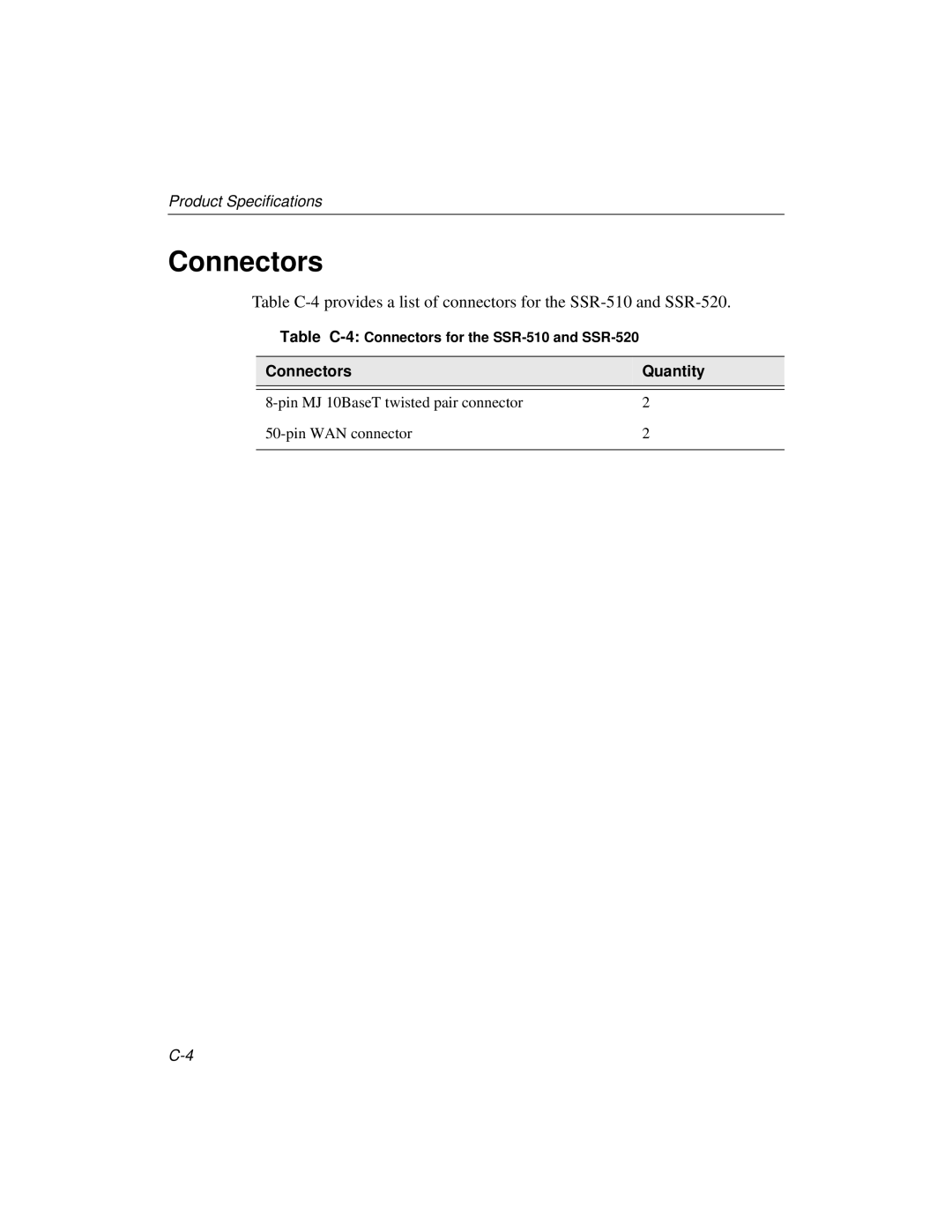 Cabletron Systems 510, 520 manual Connectors Quantity 