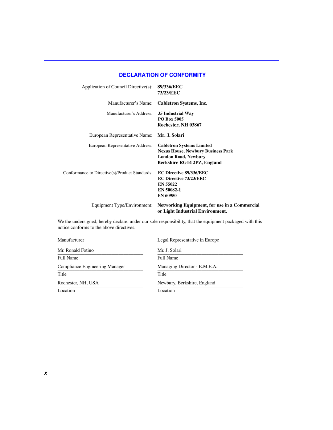 Cabletron Systems 6000 Declaration Of Conformity, 73/23/EEC Manufacturer’s Name Cabletron Systems, Inc, Rochester, NH 