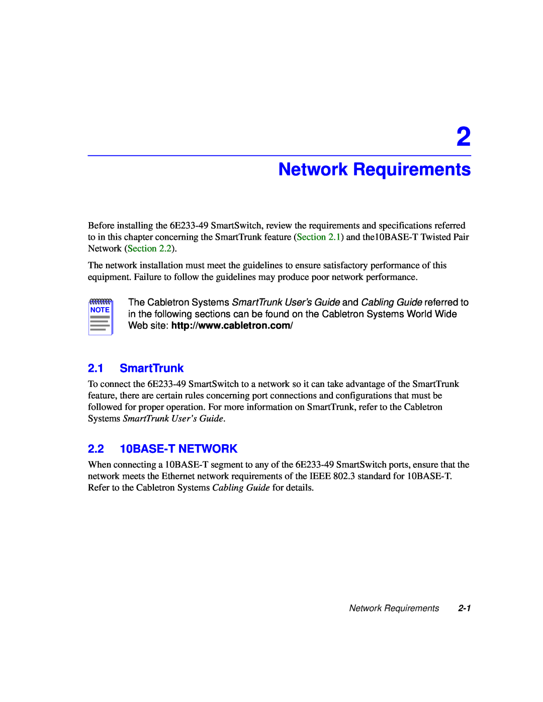 Cabletron Systems 6000 manual Network Requirements, SmartTrunk, 2.2 10BASE-T NETWORK 