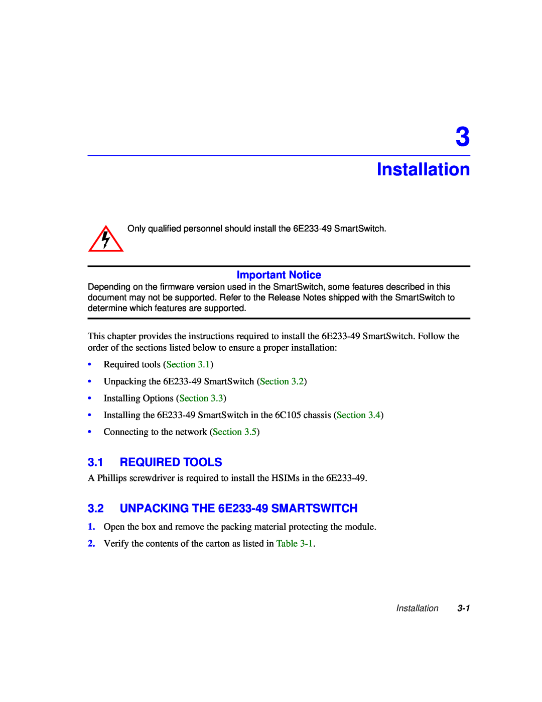 Cabletron Systems 6000 manual Installation, Required Tools, UNPACKING THE 6E233-49 SMARTSWITCH, Important Notice 