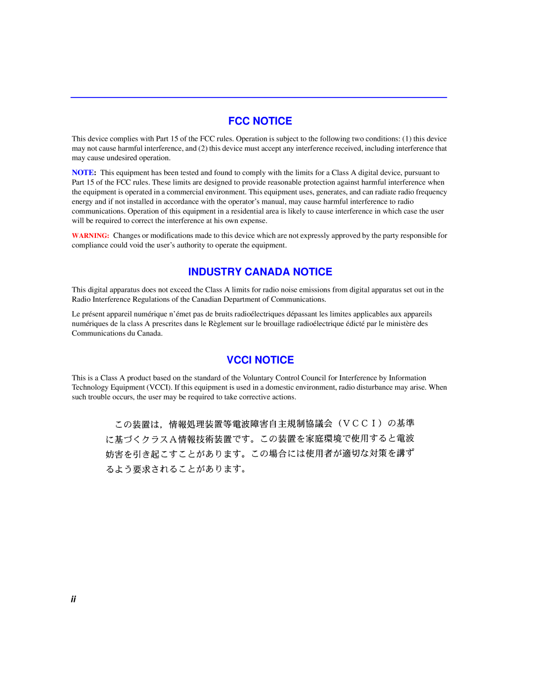 Cabletron Systems 6000 manual Fcc Notice, Industry Canada Notice, Vcci Notice 