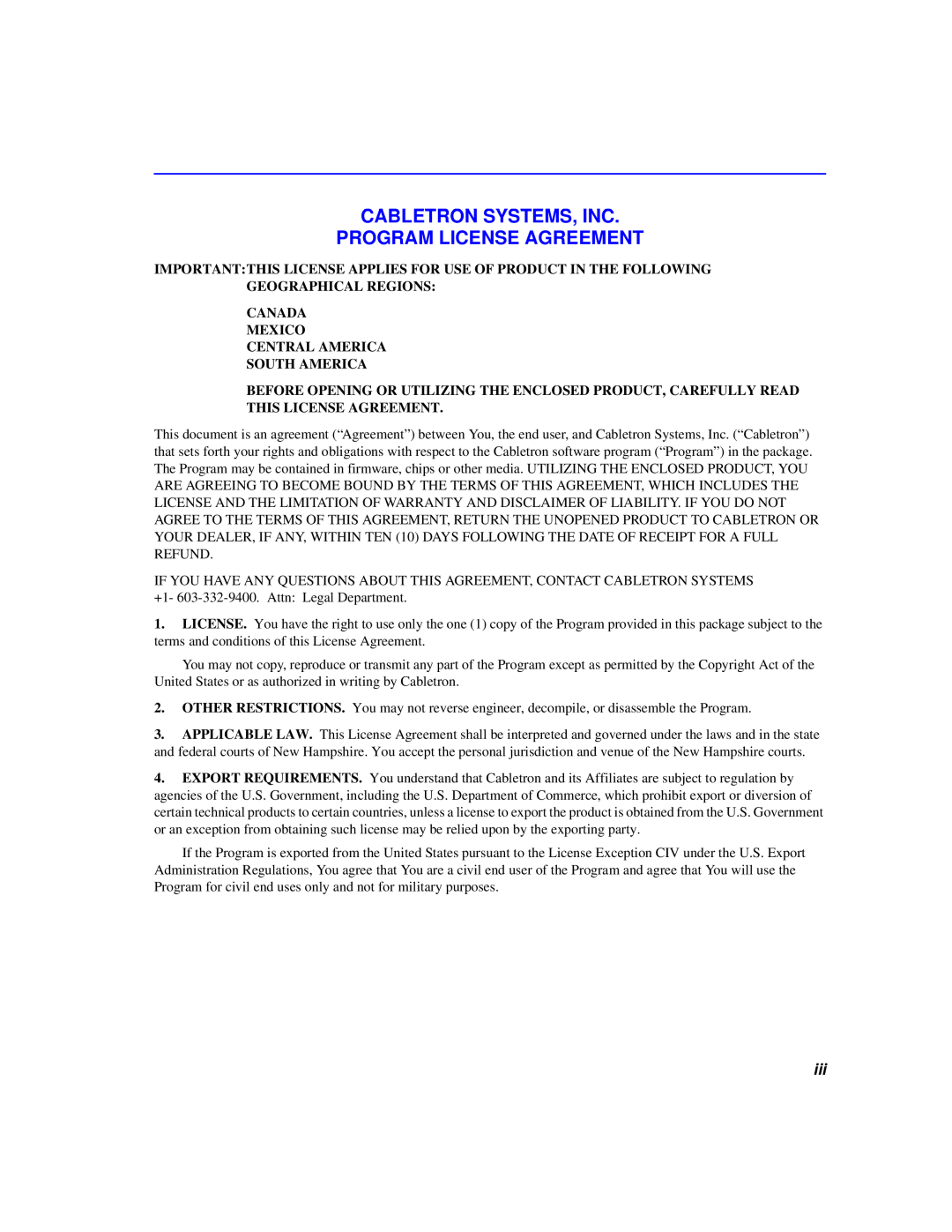 Cabletron Systems 6000 manual Cabletron Systems, Inc Program License Agreement 