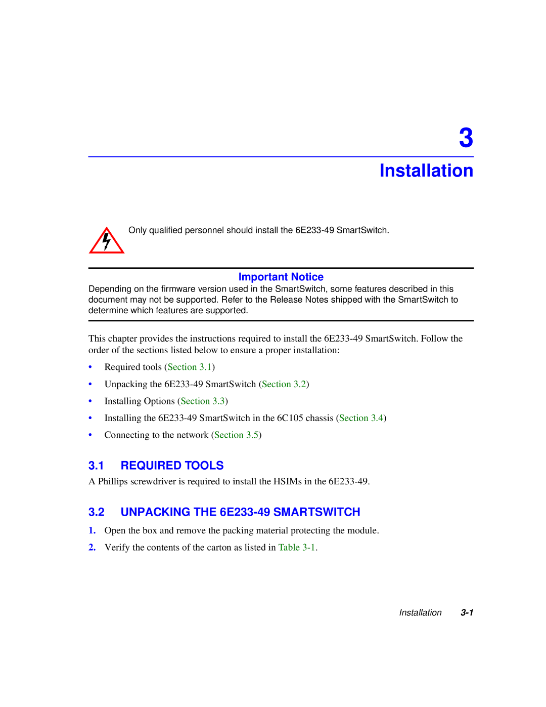 Cabletron Systems 6000 manual Installation, Required Tools, Unpacking the 6E233-49 Smartswitch 