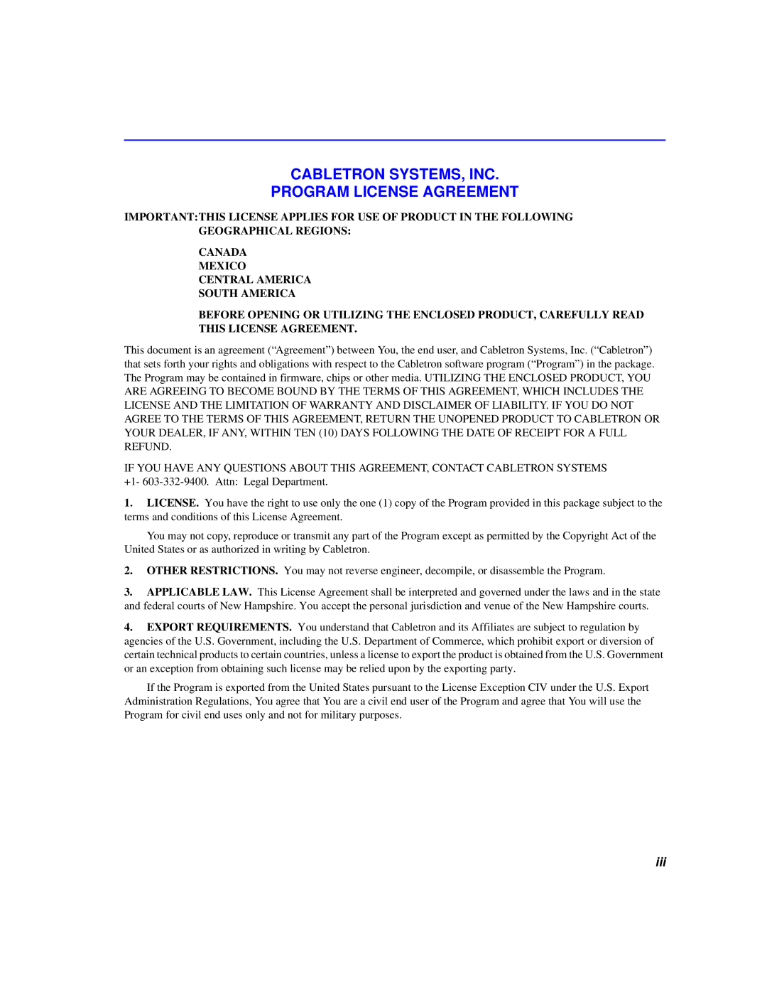 Cabletron Systems 6000 manual Cabletron SYSTEMS, INC Program License Agreement, Iii 