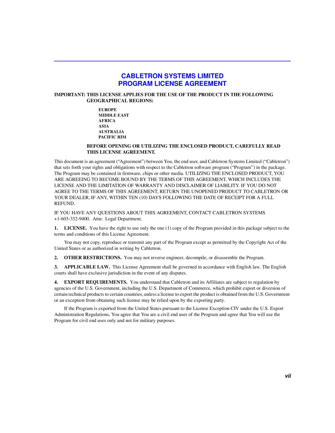 Cabletron Systems 6000 manual Cabletron Systems Limited Program License Agreement, Vii 