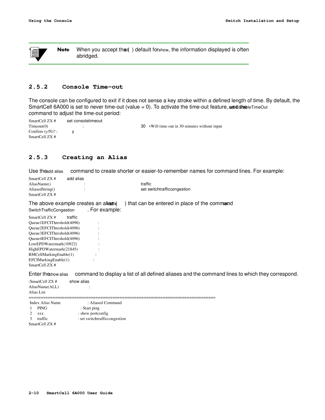 Cabletron Systems 6A000 manual Console Time-out, Creating an Alias 