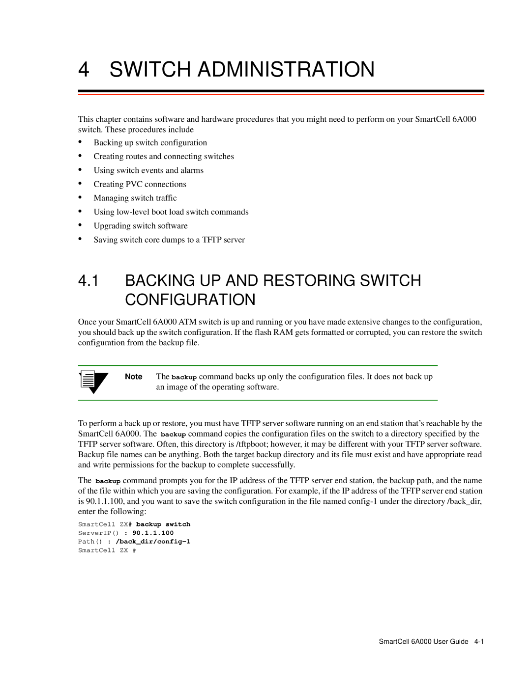 Cabletron Systems 6A000 manual Switch Administration, Backing UP and Restoring Switch Configuration, Path /backdir/config-1 