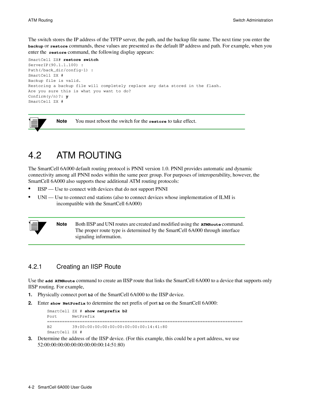 Cabletron Systems 6A000 manual ATM Routing, Creating an Iisp Route, SmartCell ZX # show netprefix b2 