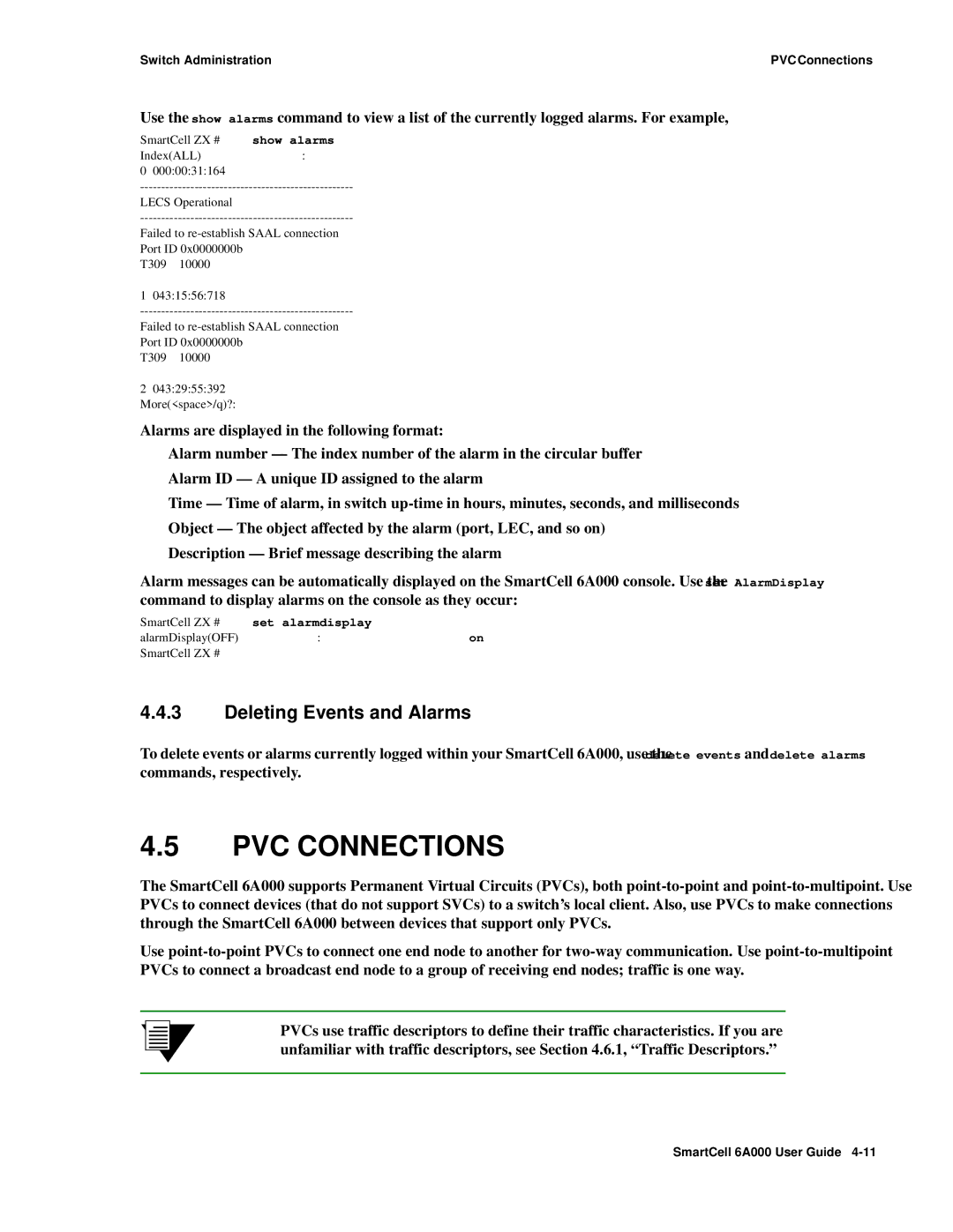 Cabletron Systems 6A000 manual PVC Connections, Deleting Events and Alarms, SmartCell ZX # set alarmdisplay 