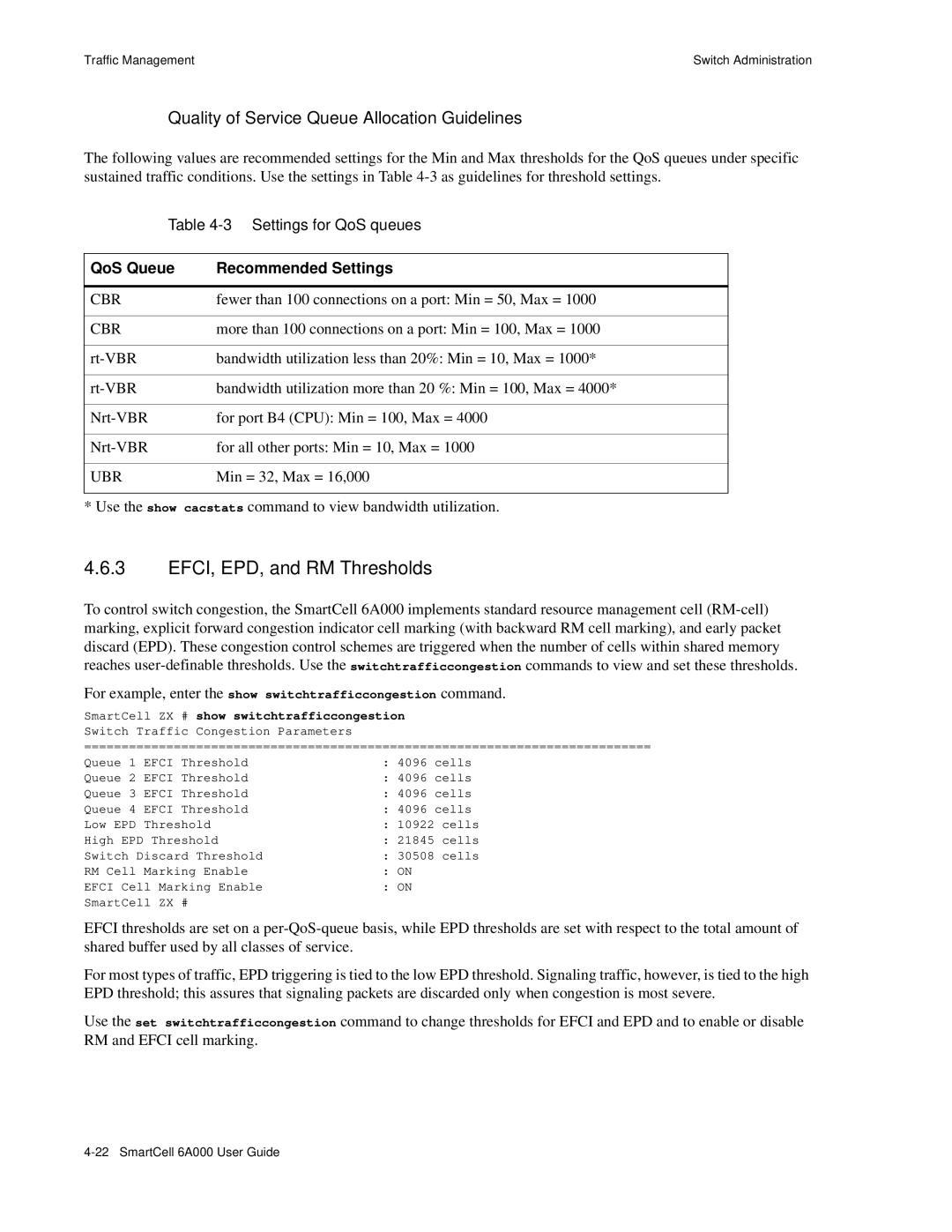 Cabletron Systems 6A000 manual EFCI, EPD, and RM Thresholds, QoS Queue Recommended Settings 