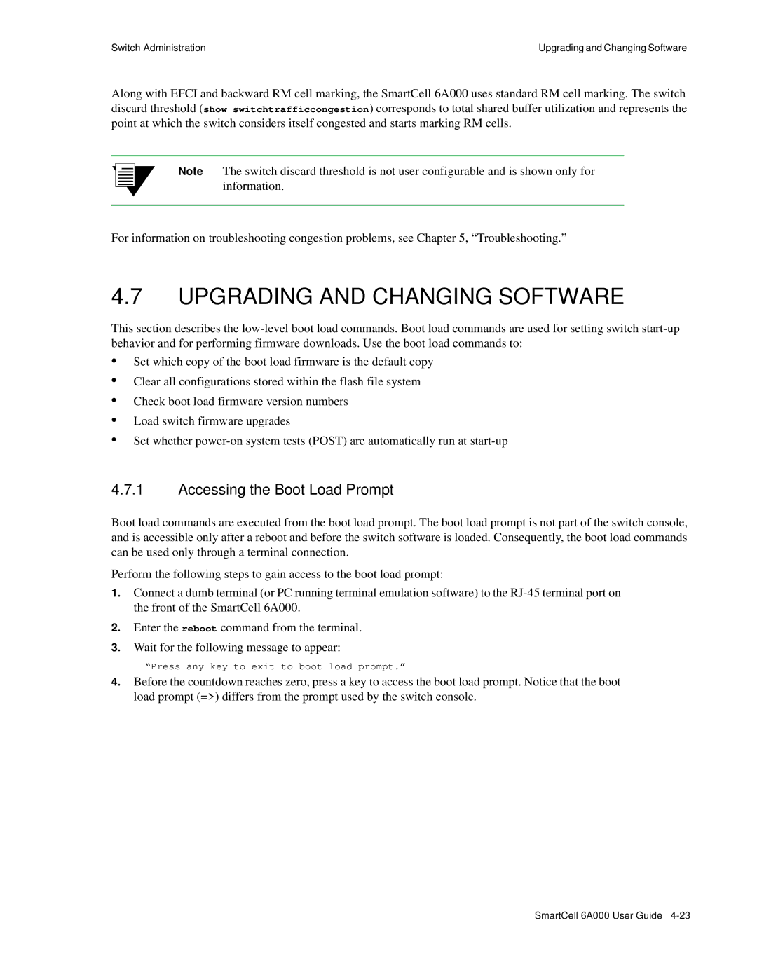 Cabletron Systems 6A000 manual Upgrading and Changing Software, Accessing the Boot Load Prompt 