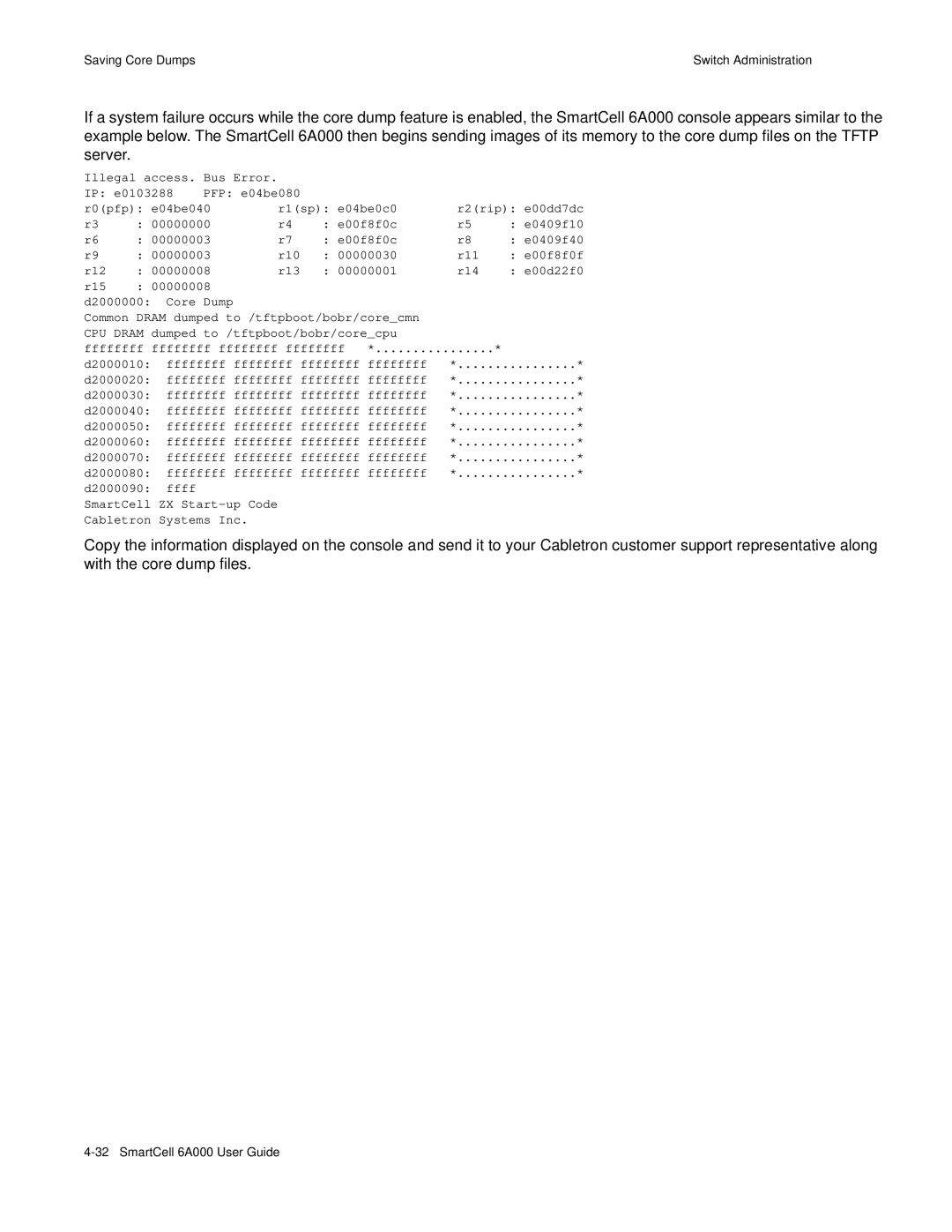 Cabletron Systems 6A000 manual Error IP e0103288 PFP e04be080 R0pfp e04be040 R1sp e04be0c0 