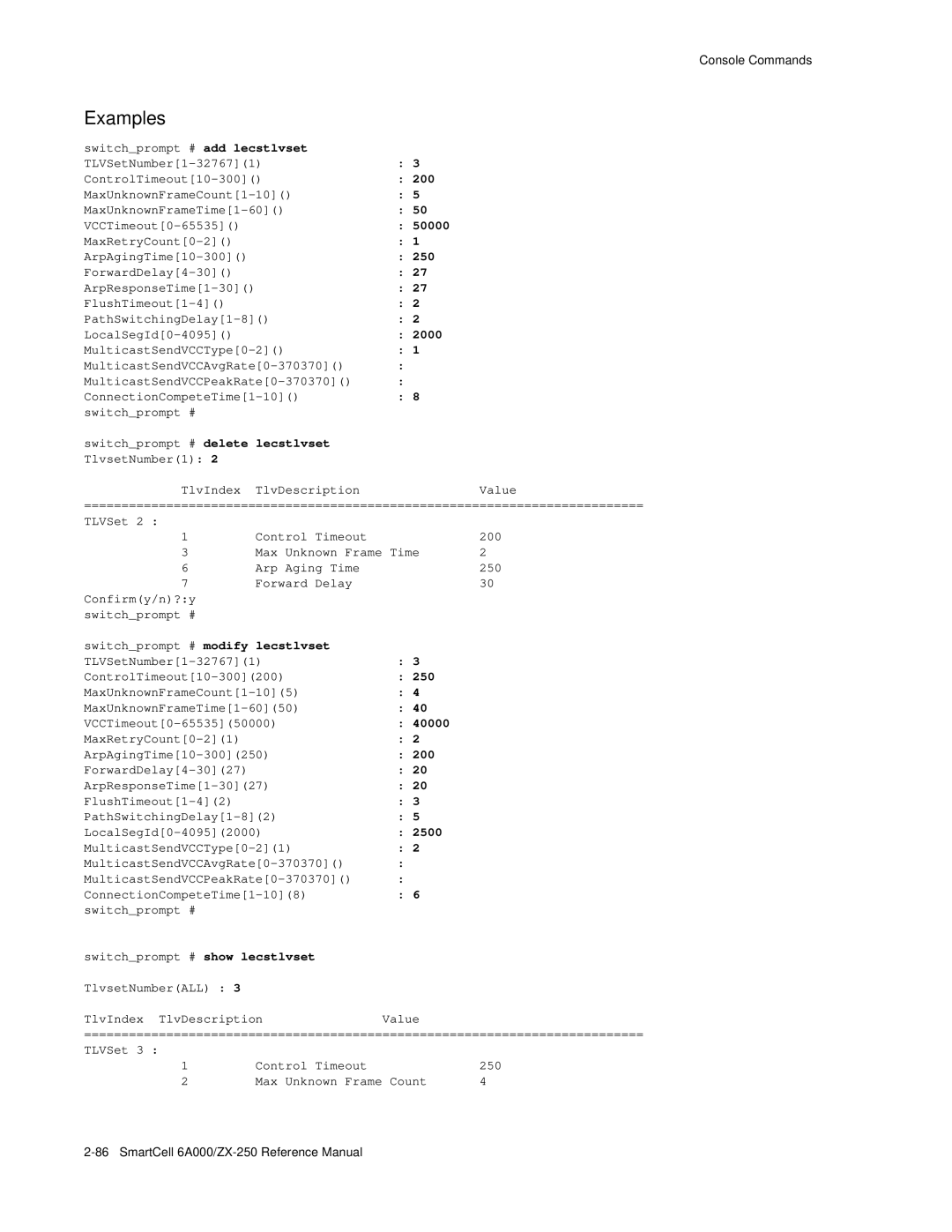 Cabletron Systems 6A000/ZX-250 50000, 2000, Switchprompt # delete lecstlvset, Switchprompt # modify lecstlvset, 2500 