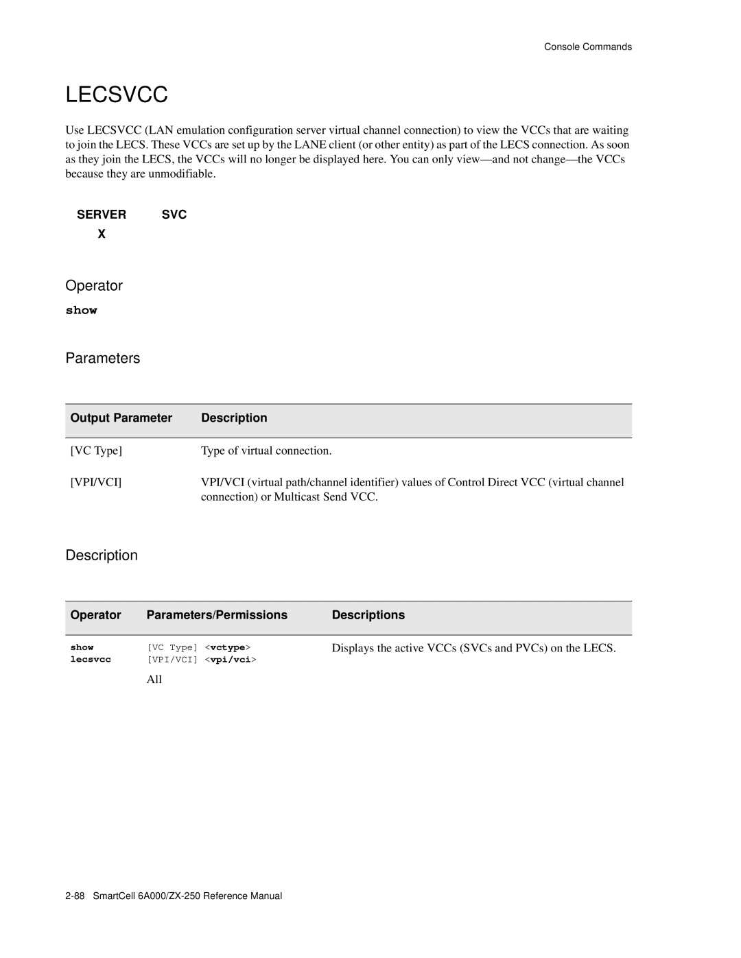 Cabletron Systems 6A000/ZX-250 manual Show VC Type vctype, Lecsvcc VPI/VCI vpi/vci 