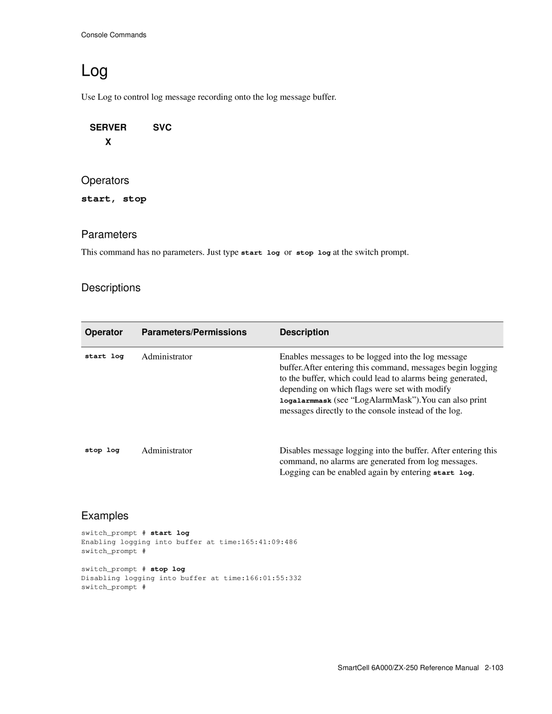 Cabletron Systems 6A000/ZX-250 manual Log, Start log, Stop log 