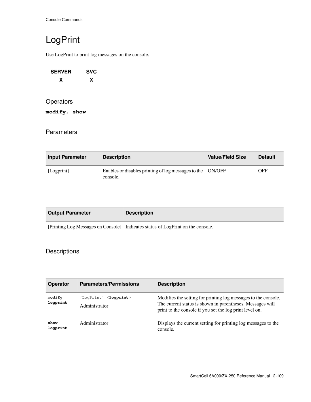 Cabletron Systems 6A000/ZX-250 manual On/Off, Modify LogPrint logprint logprint, Logprint 