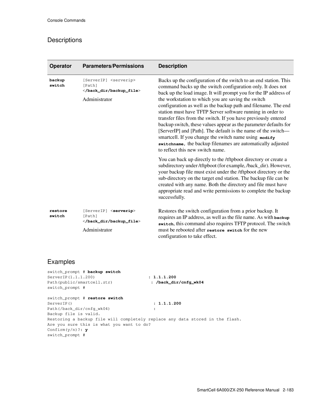 Cabletron Systems 6A000/ZX-250 manual Restore ServerIP serverip Switch Path Backdir/backupfile, 1.200 