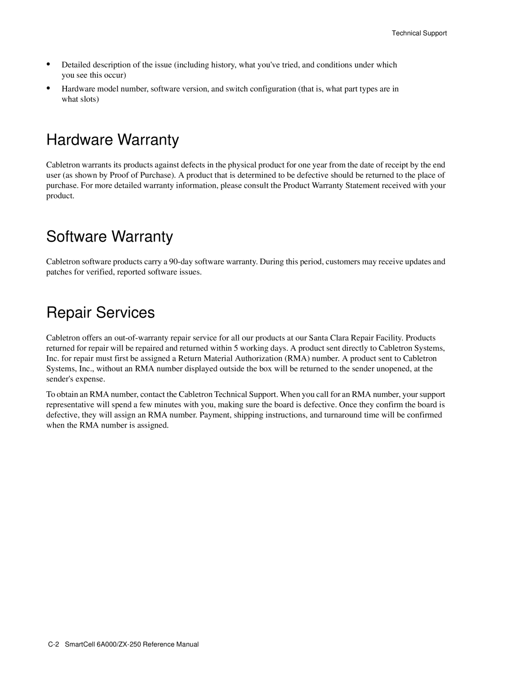 Cabletron Systems 6A000/ZX-250 manual Hardware Warranty, Software Warranty, Repair Services 