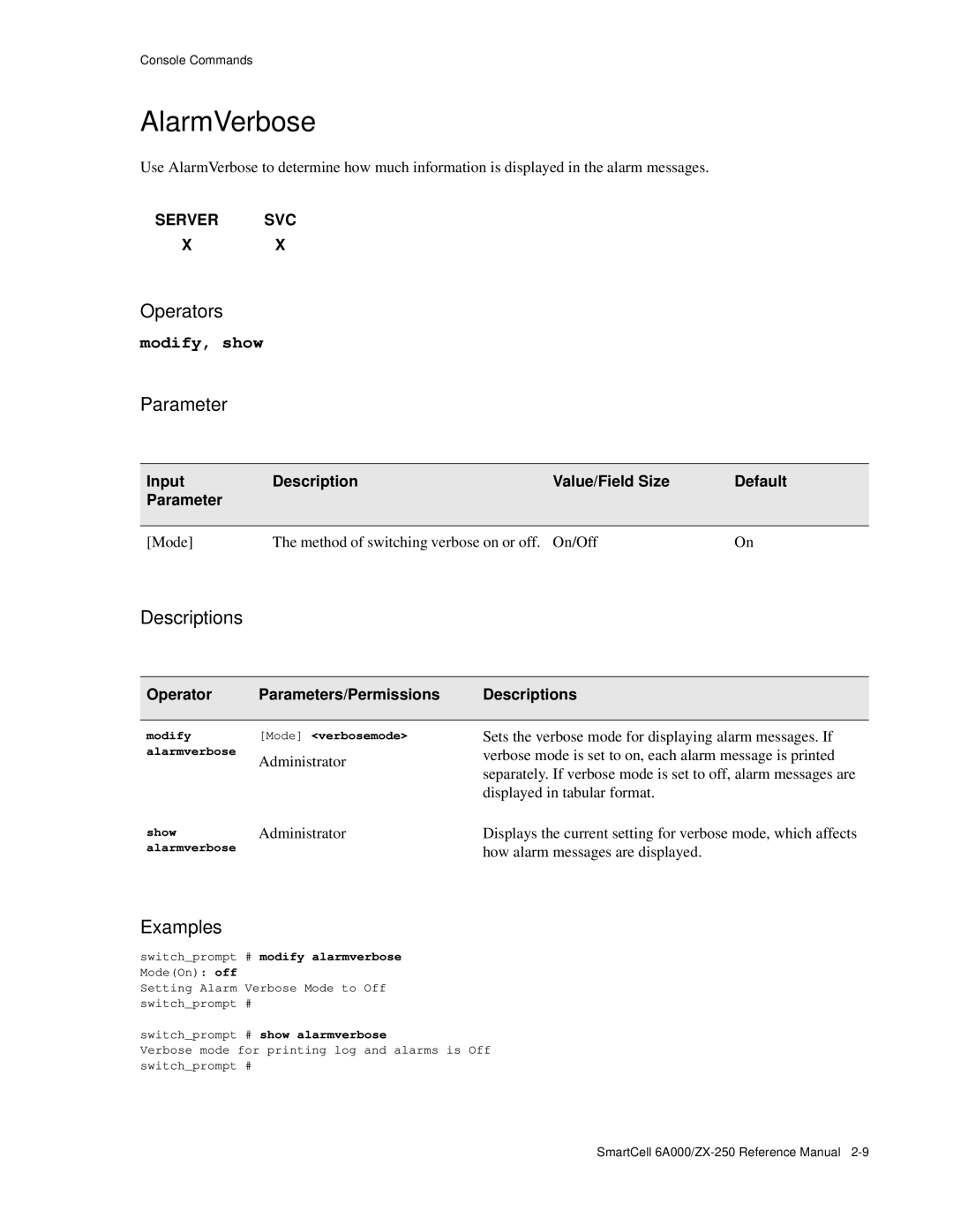 Cabletron Systems 6A000/ZX-250 AlarmVerbose, Modify Mode verbosemode alarmverbose, Show, Switchprompt # show alarmverbose 