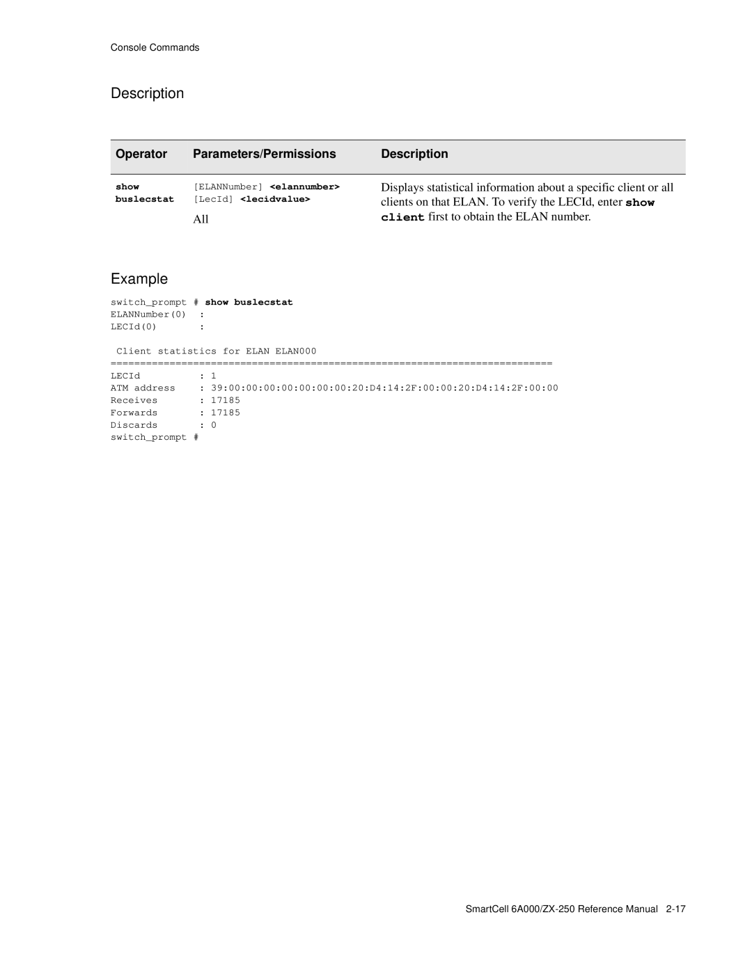 Cabletron Systems 6A000/ZX-250 manual Description, Show ELANNumber elannumber Buslecstat LecId lecidvalue 