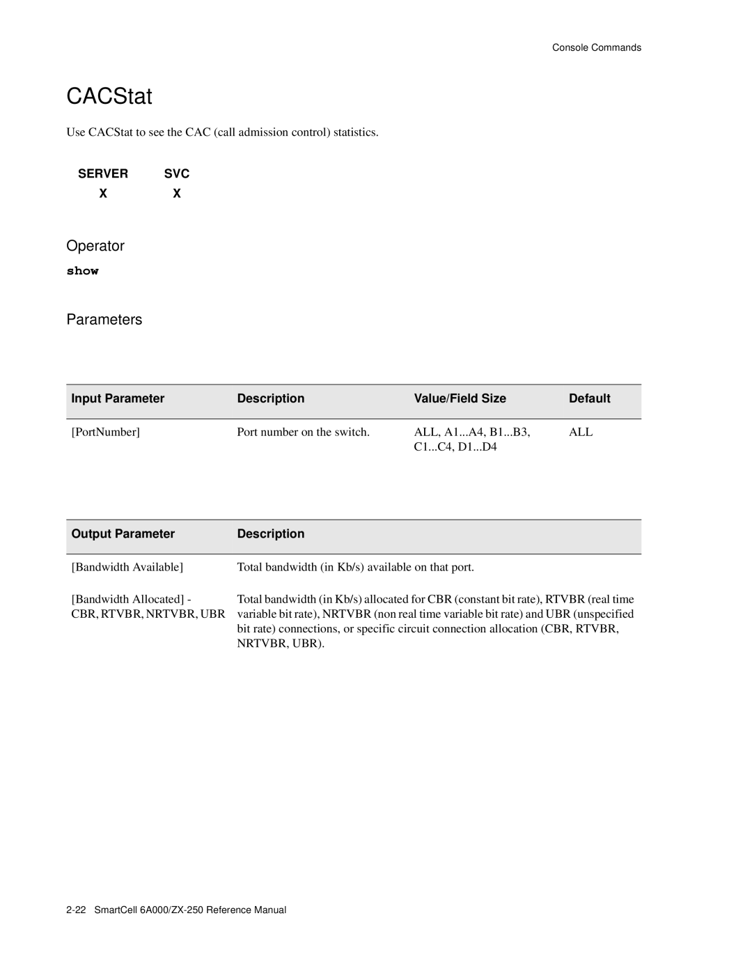 Cabletron Systems 6A000/ZX-250 manual CACStat, Cbr, Rtvbr, Nrtvbr, Ubr 