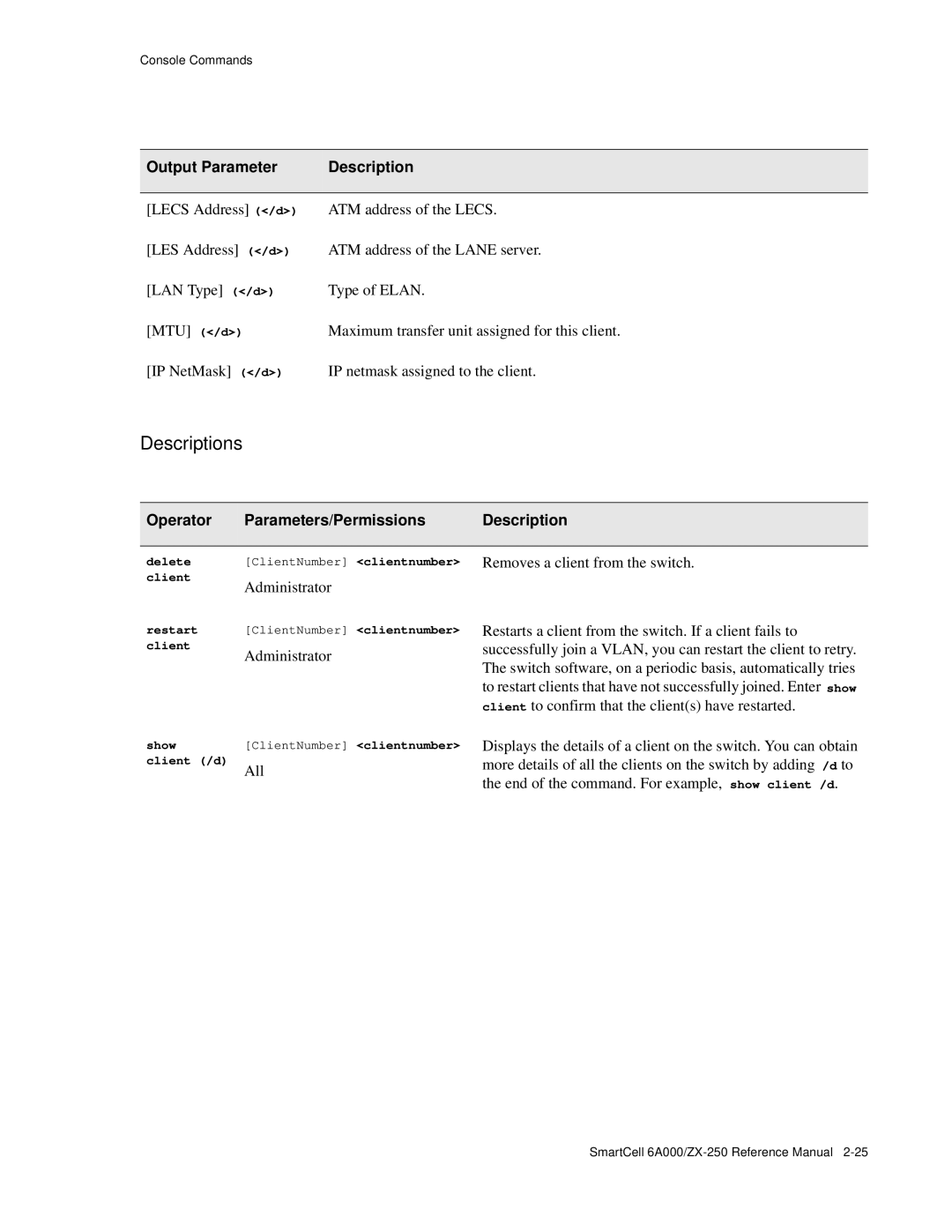 Cabletron Systems 6A000/ZX-250 manual Delete ClientNumber clientnumber client, Restart ClientNumber clientnumber client 