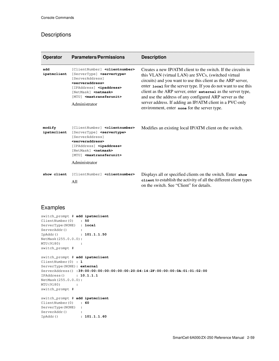 Cabletron Systems 6A000/ZX-250 Serveraddress, MTU maxtransferunit, Show client ClientNumber clientnumber, Ipatmclient 