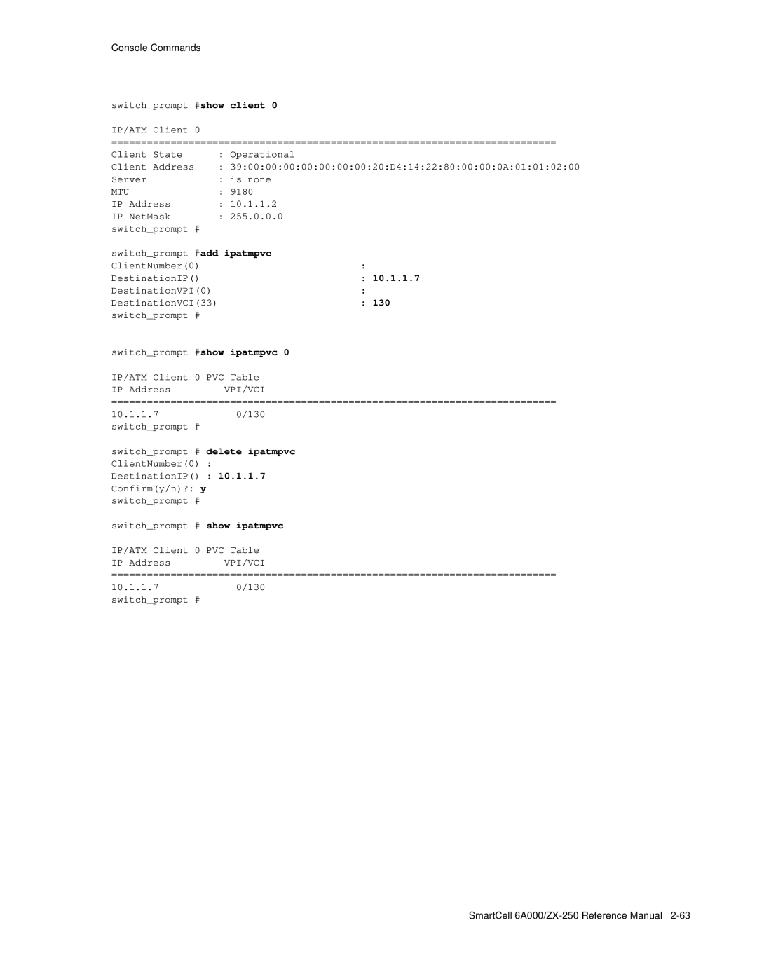 Cabletron Systems 6A000/ZX-250 manual #show Client, #add ipatmpvc 