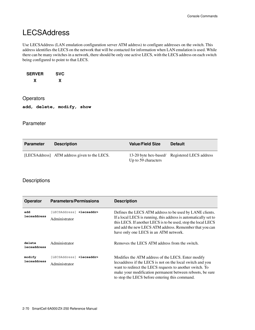 Cabletron Systems 6A000/ZX-250 manual AddLECSAddress lecsaddr lecsaddress 