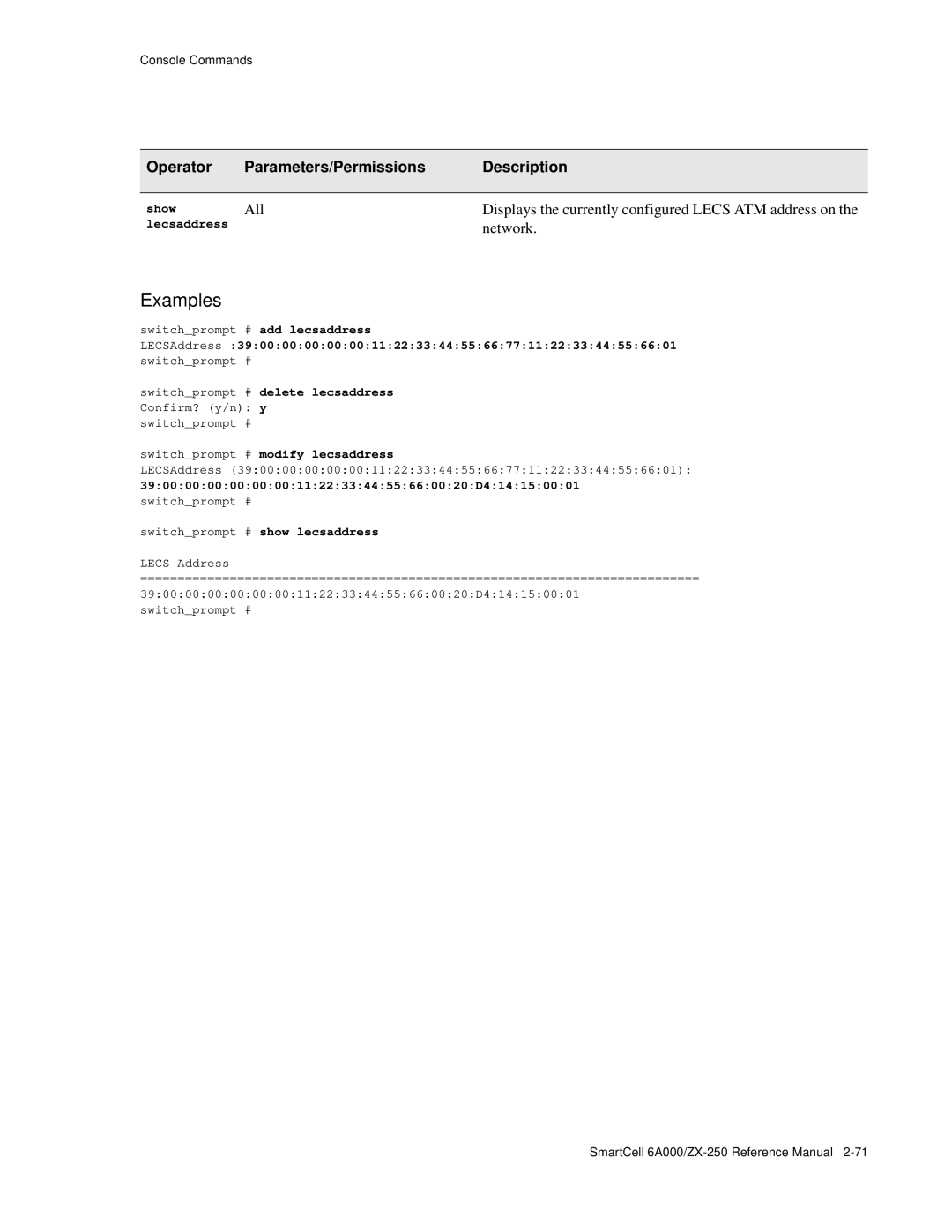 Cabletron Systems 6A000/ZX-250 Lecsaddress, Switchprompt # modify lecsaddress, 390000000000001122334455660020D414150001 