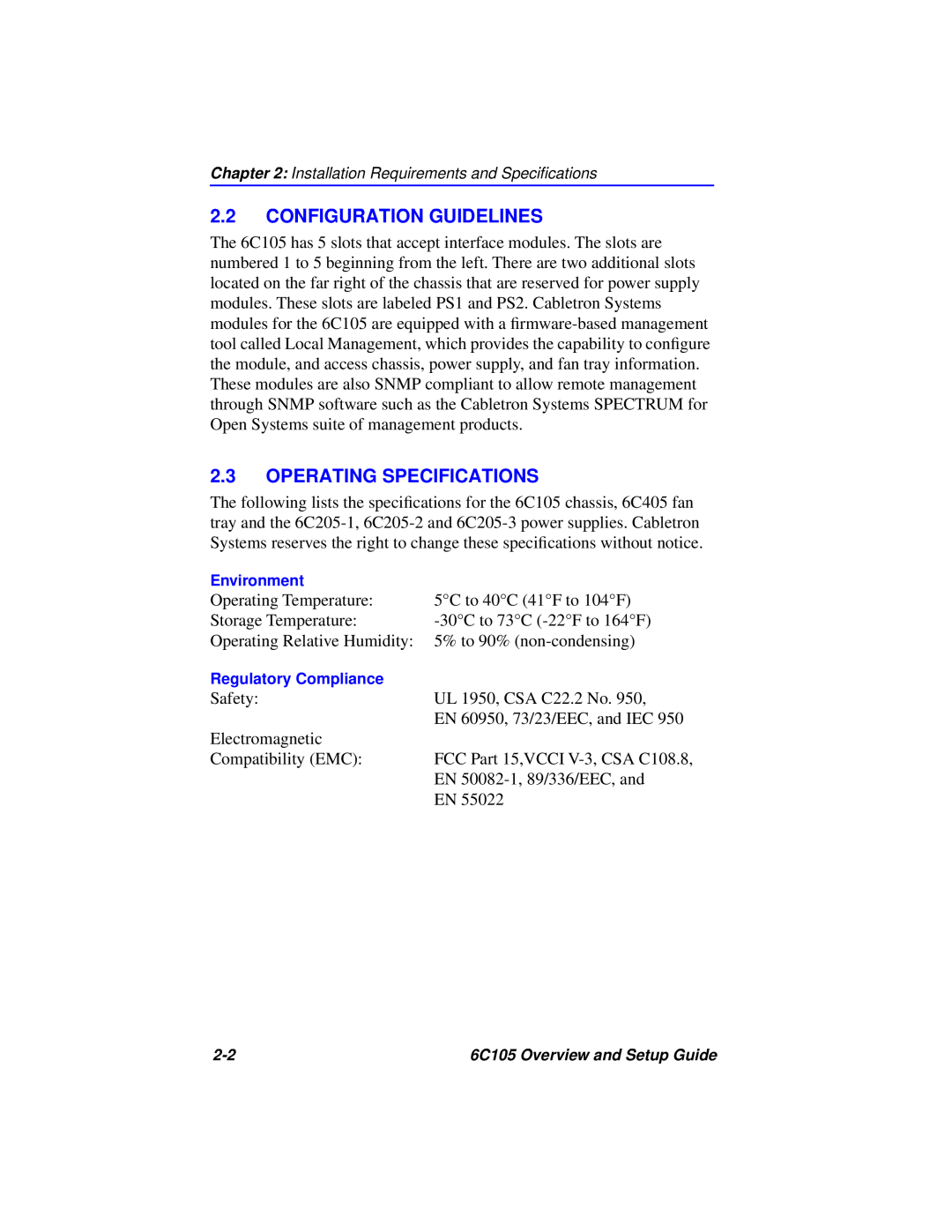 Cabletron Systems 6C105 setup guide Configuration Guidelines, Operating Specifications 