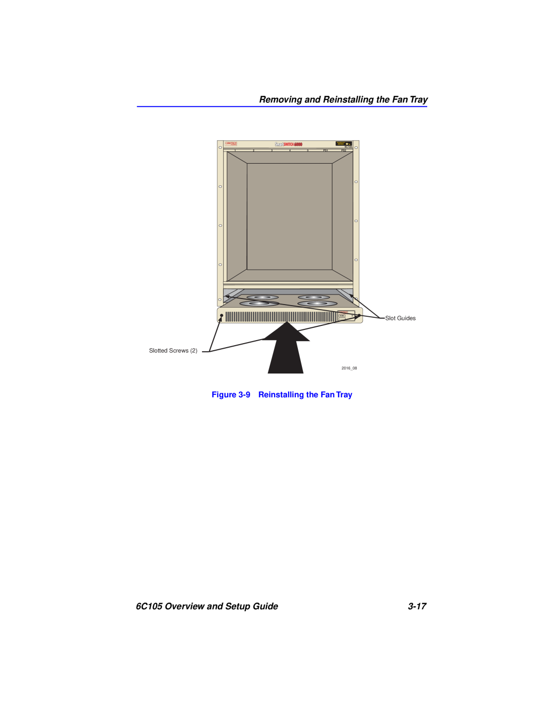 Cabletron Systems Removing and Reinstalling the Fan Tray, 6C105 Overview and Setup Guide, 3-17, Slot Guides, 201608 