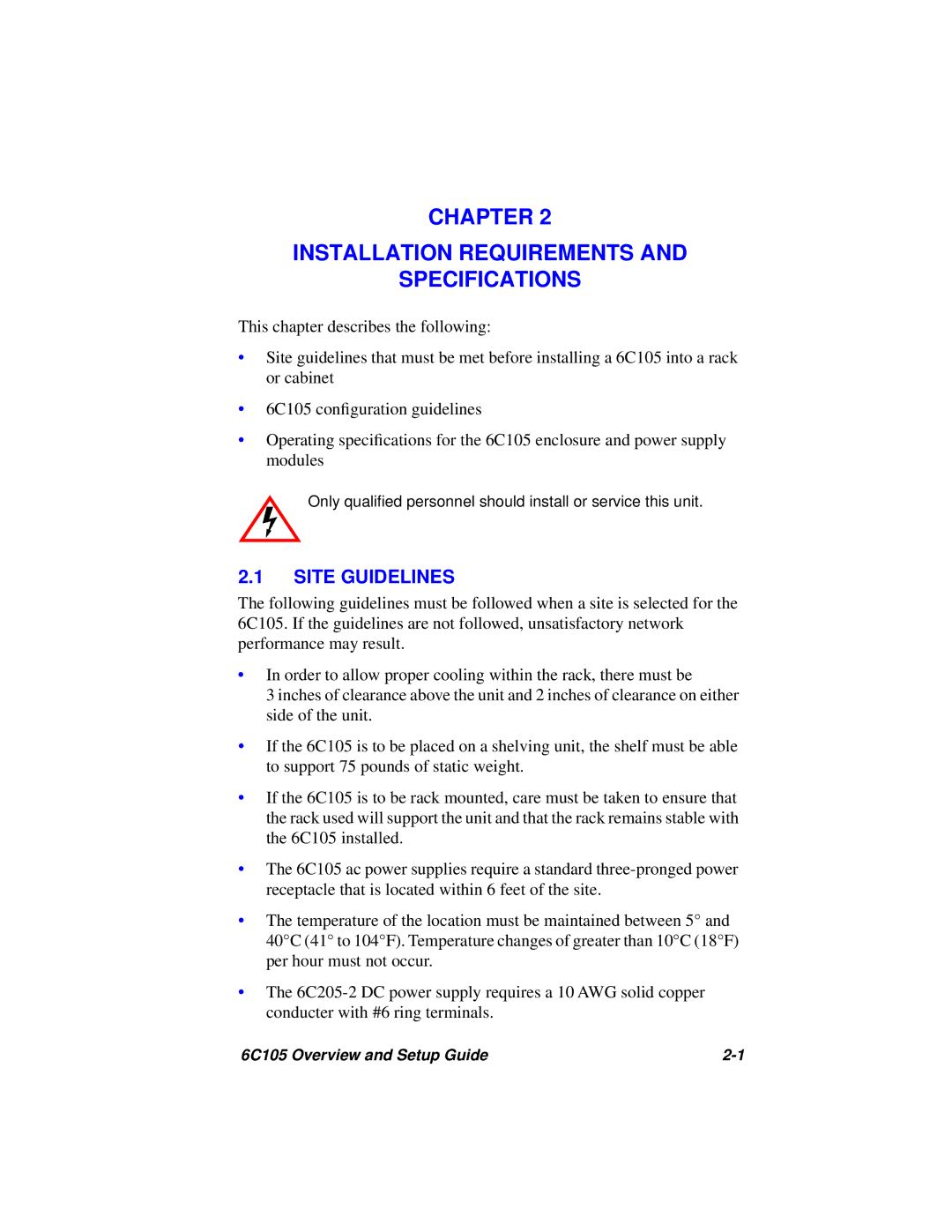 Cabletron Systems 6C105 setup guide Chapter Installation Requirements Specifications, Site Guidelines 