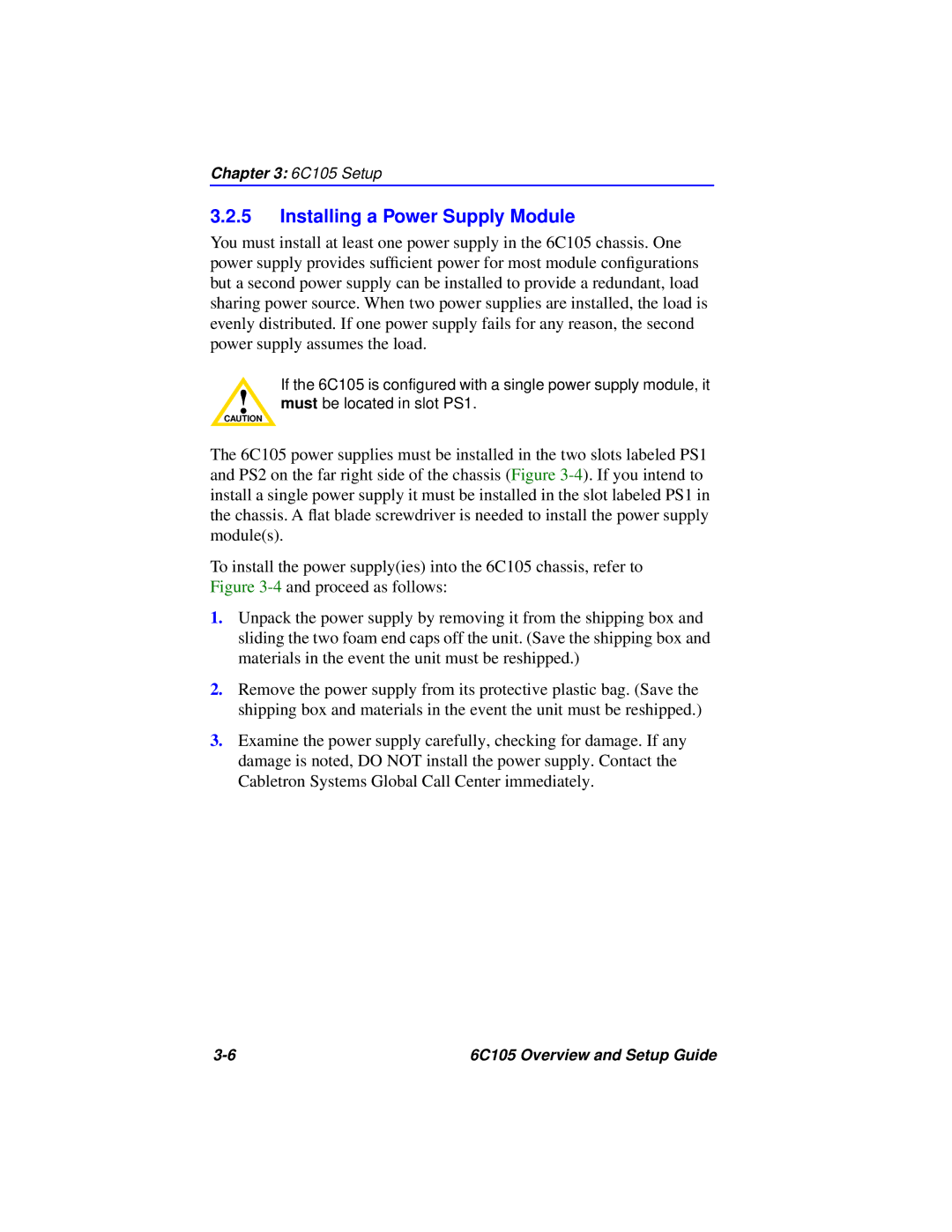 Cabletron Systems 6C105 setup guide Installing a Power Supply Module 