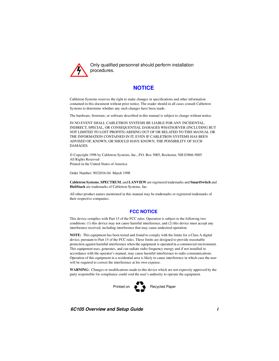 Cabletron Systems setup guide 6C105 Overview and Setup Guide 