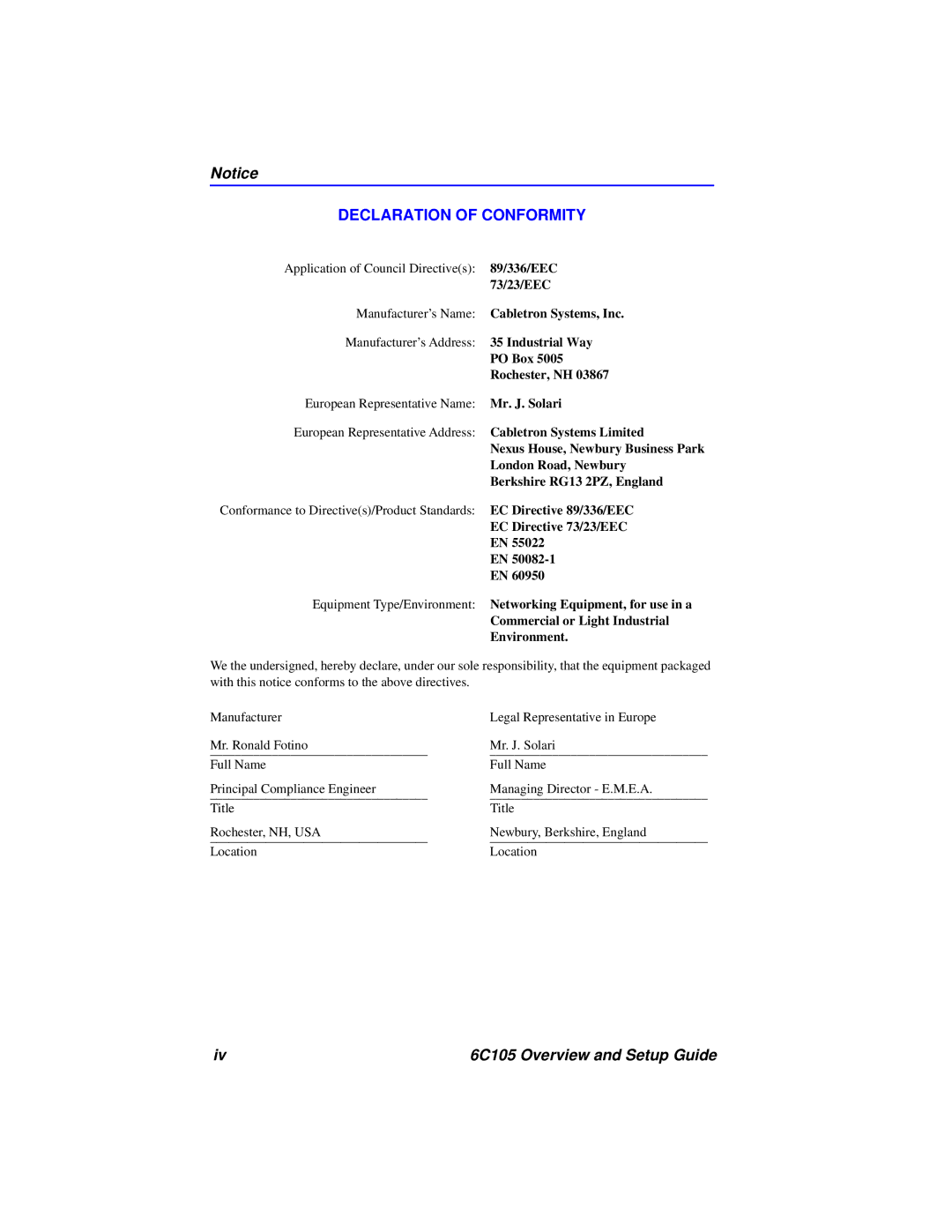 Cabletron Systems 6C105 setup guide Declaration of Conformity 