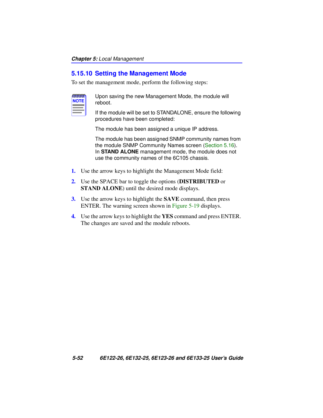 Cabletron Systems 6E133-25, 6E123-26 Setting the Management Mode, To set the management mode, perform the following steps 