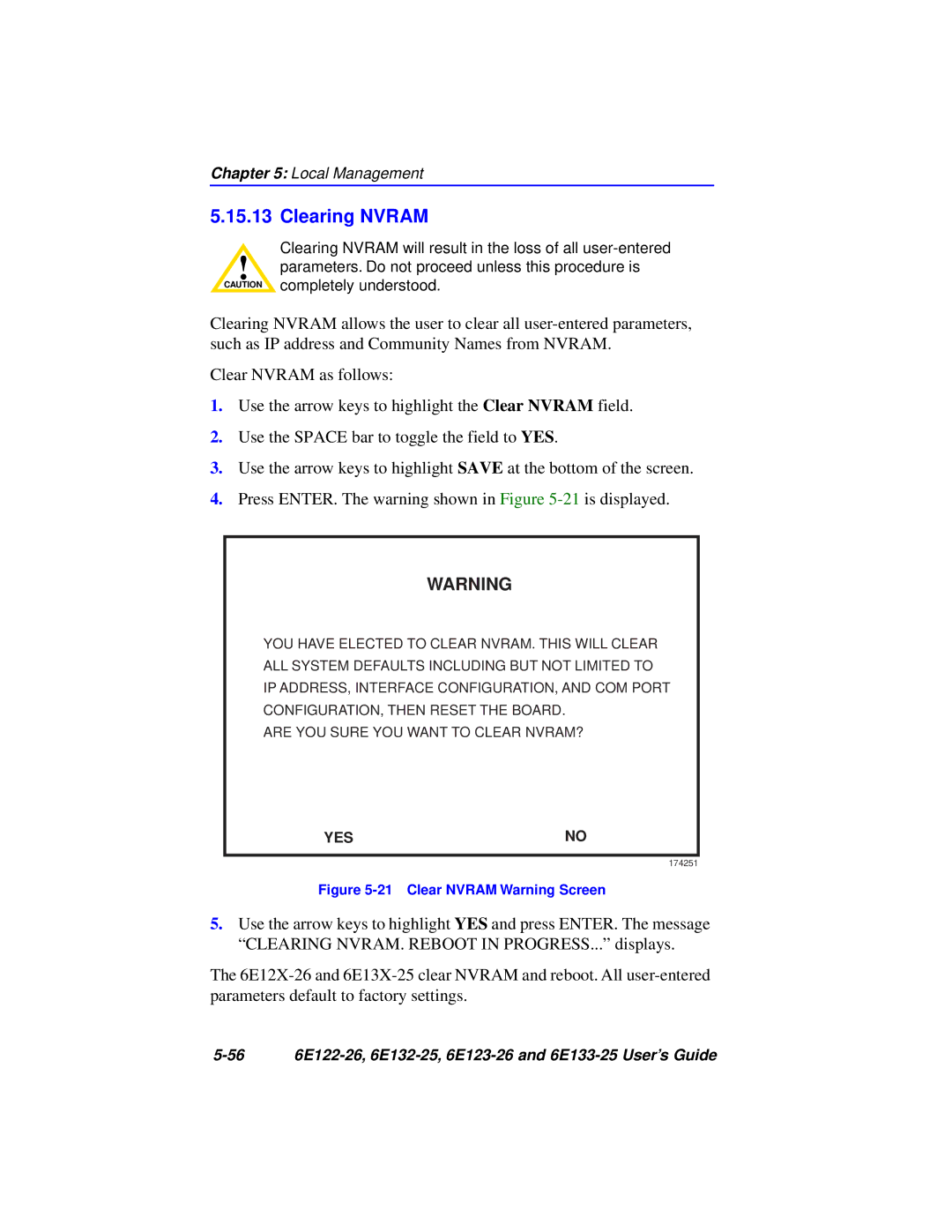 Cabletron Systems 6E133-25, 6E123-26, 6E122-26, 6E132-25 manual Clearing Nvram, Clear Nvram Warning Screen 