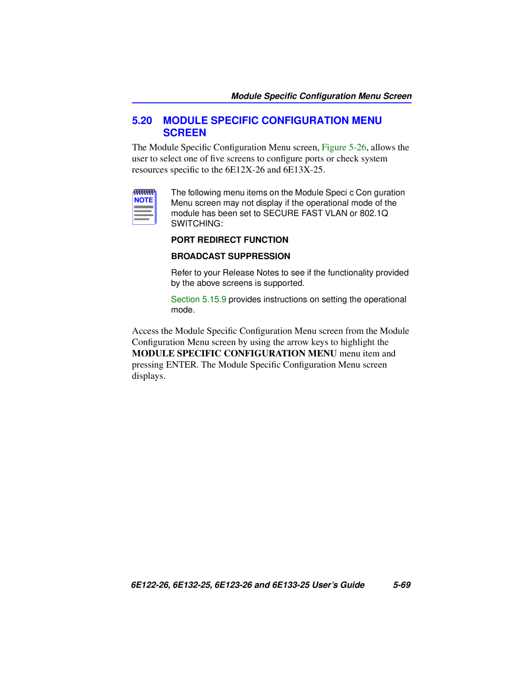 Cabletron Systems 6E123-26 manual Module Specific Configuration Menu Screen, Port Redirect Function Broadcast Suppression 