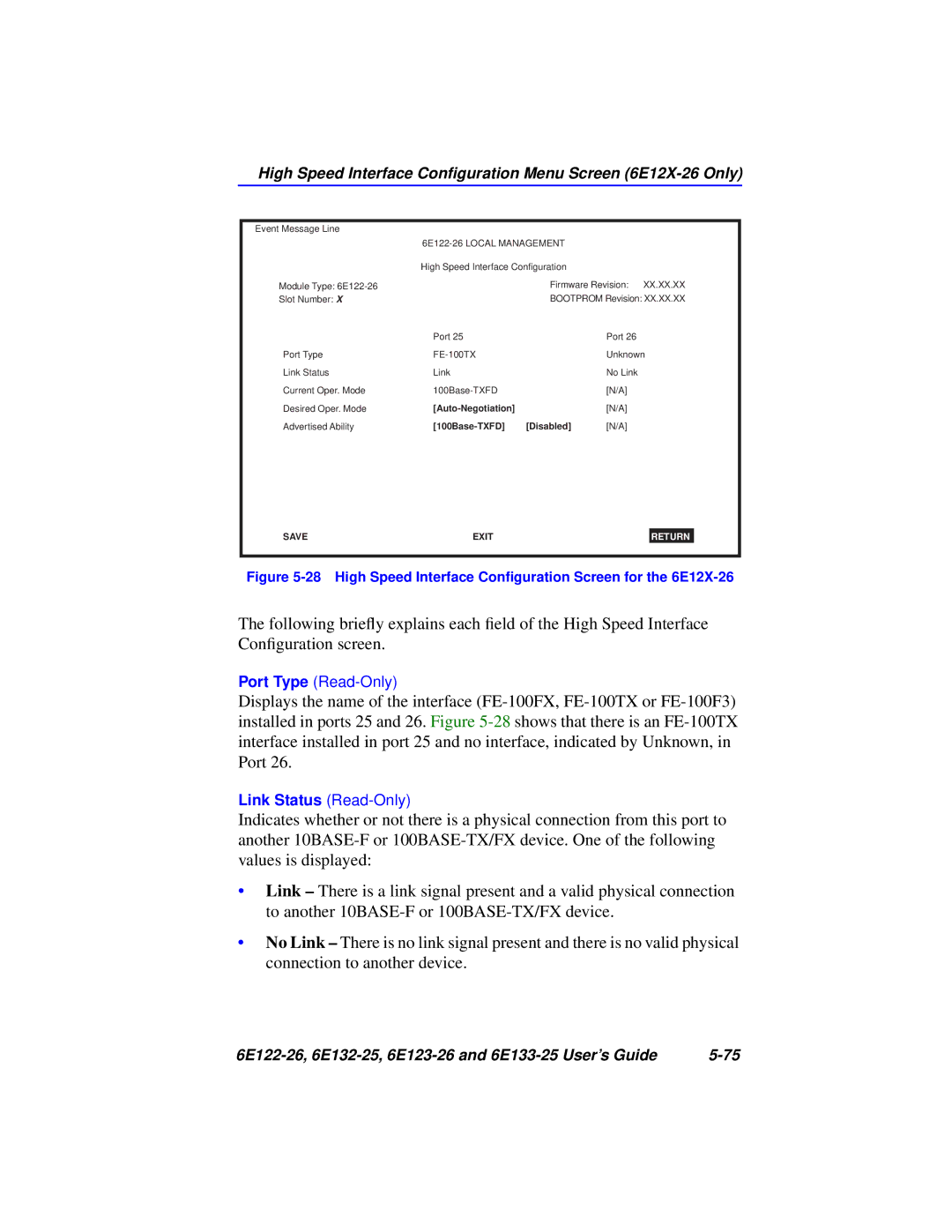 Cabletron Systems 6E132-25, 6E133-25, 6E123-26, 6E122-26 manual High Speed Interface Conﬁguration Menu Screen 6E12X-26 Only 