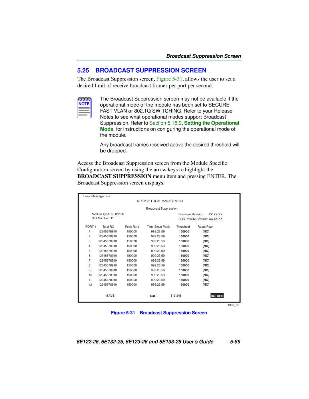 Cabletron Systems 6E123-26, 6E133-25, 6E122-26, 6E132-25 manual Broadcast Suppression Screen 