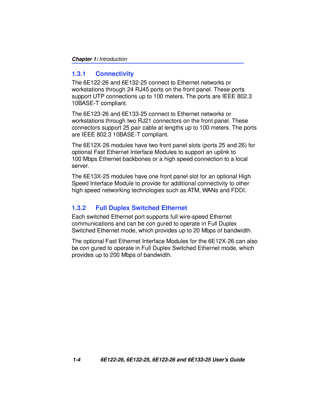 Cabletron Systems 6E133-25, 6E123-26, 6E122-26, 6E132-25 manual Connectivity, Full Duplex Switched Ethernet 