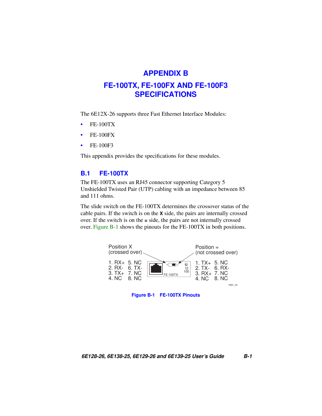 Cabletron Systems 6E123-26, 6E133-25, 6E122-26, 6E132-25 manual Figure B-1 FE-100TX Pinouts 