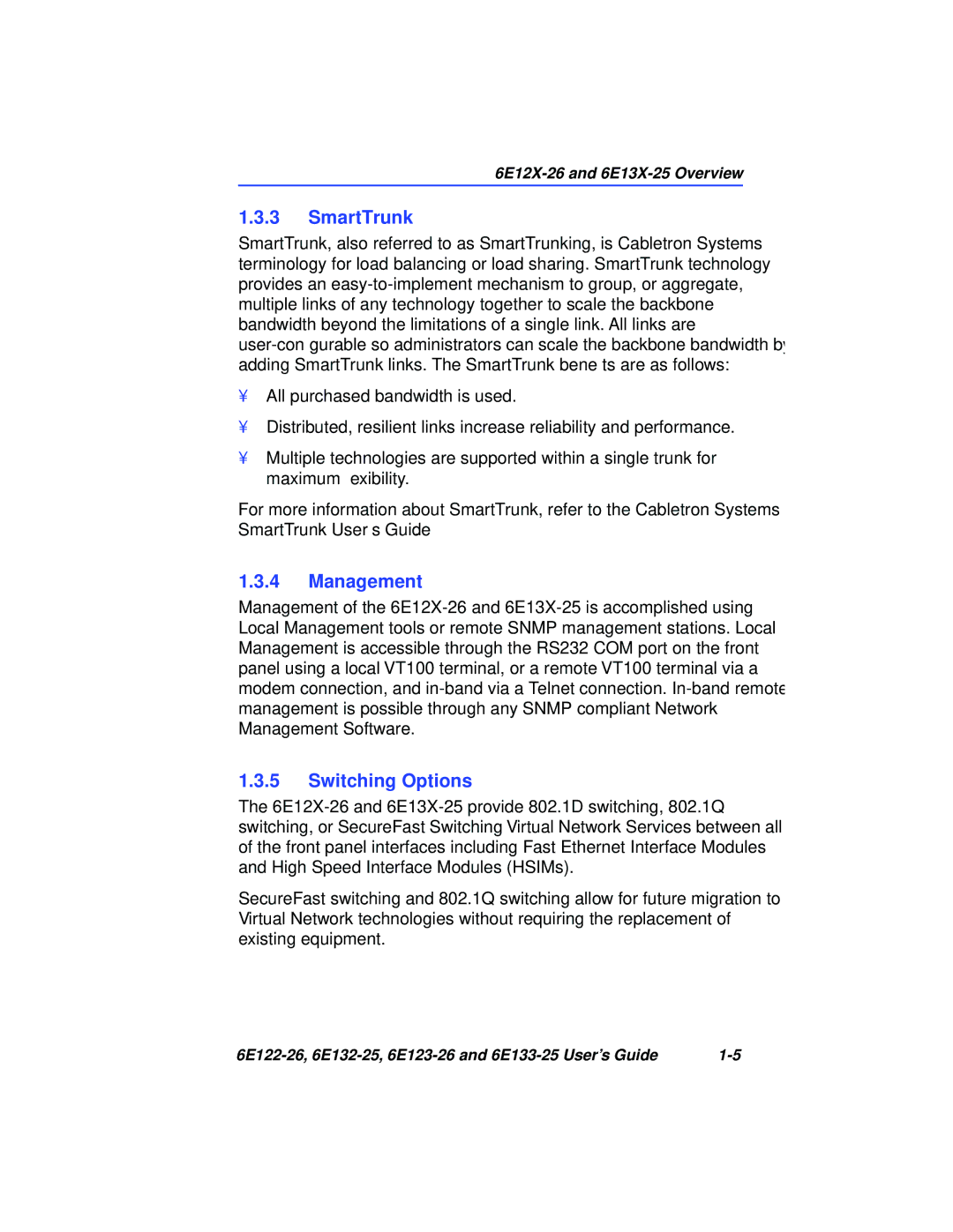 Cabletron Systems 6E123-26, 6E133-25, 6E122-26, 6E132-25 manual SmartTrunk, Management, Switching Options 