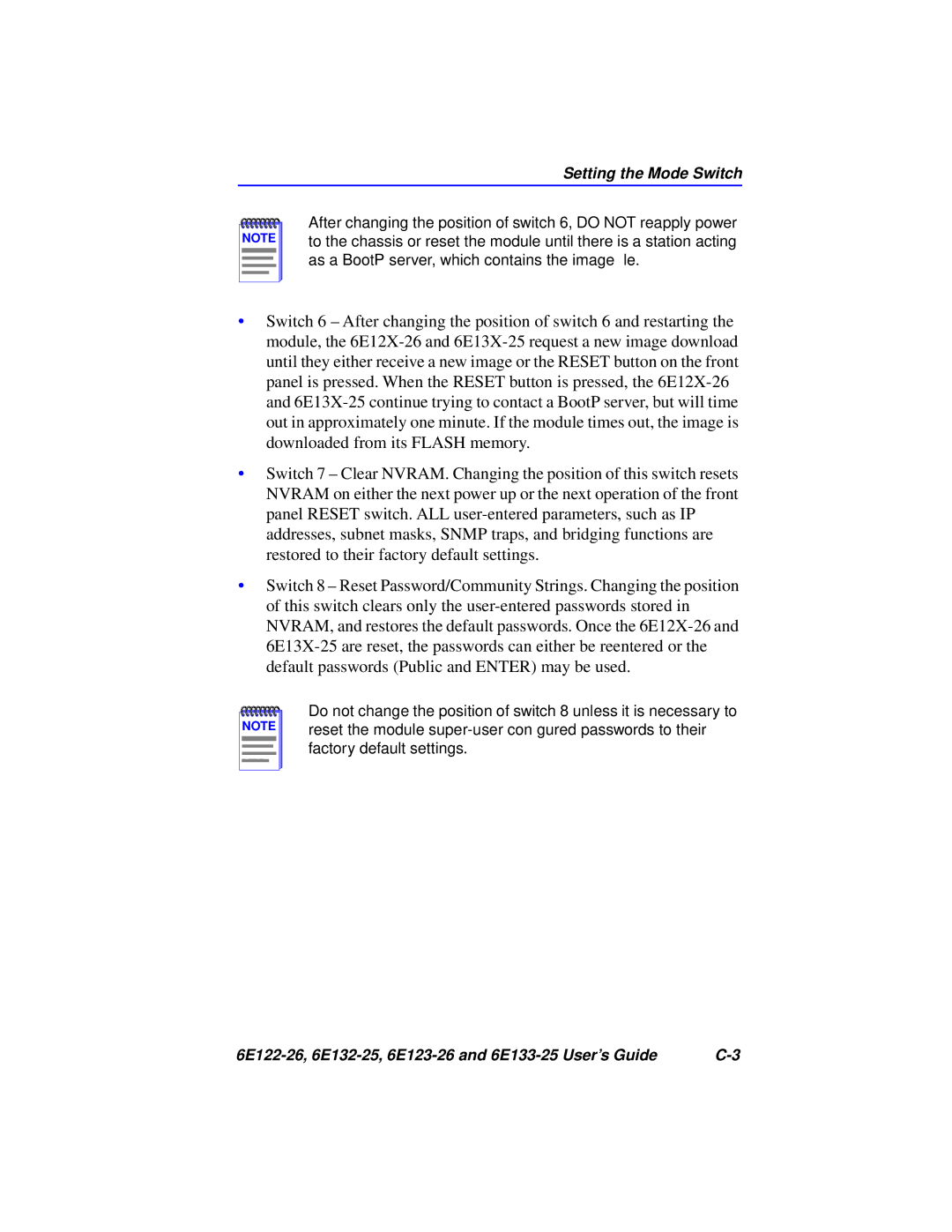 Cabletron Systems 6E132-25, 6E133-25, 6E123-26, 6E122-26 manual Setting the Mode Switch 